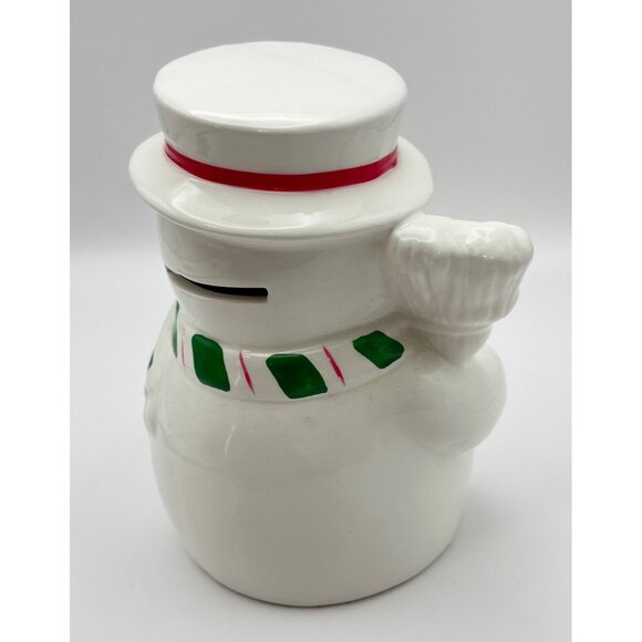 Vintage Snowman Piggy Coin Bank with Stopper Christmas Decor Holding Broom - Picture 2 of 7